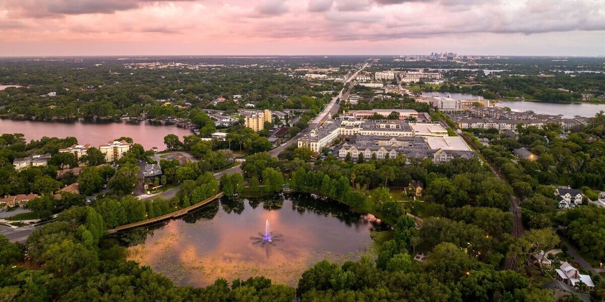 Aerial view of Maitland and Lake Lily at dusk